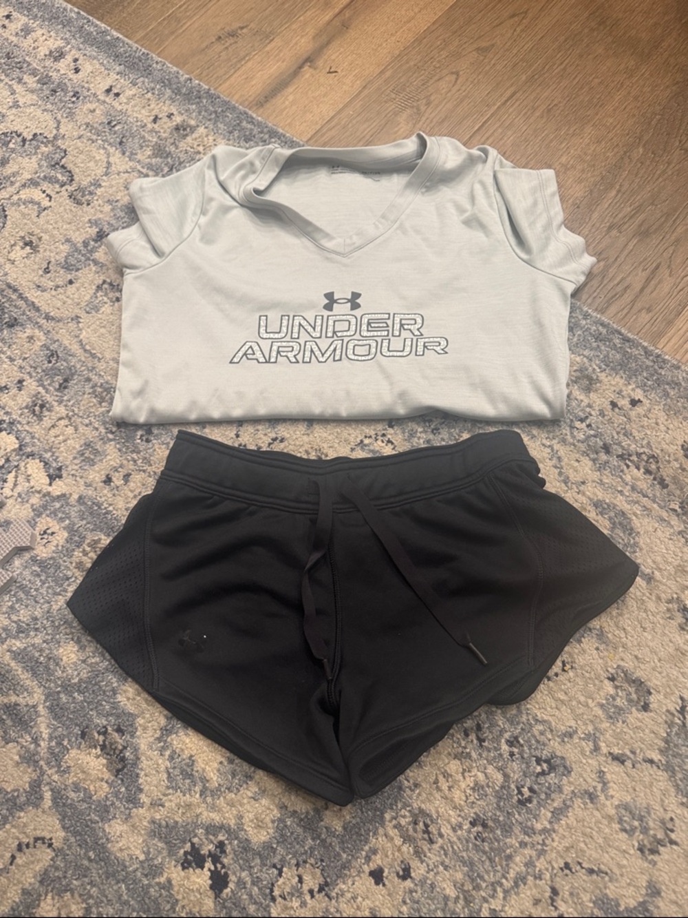 Under Armour Light Gray V-Neck Tee with Black Athletic Shorts